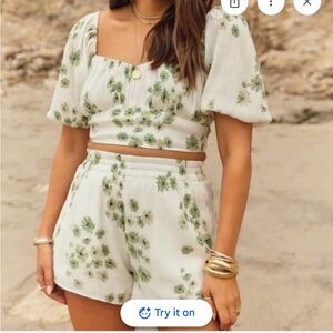 Abercrombie & Fitch Cream Shorts with Green Floral Print